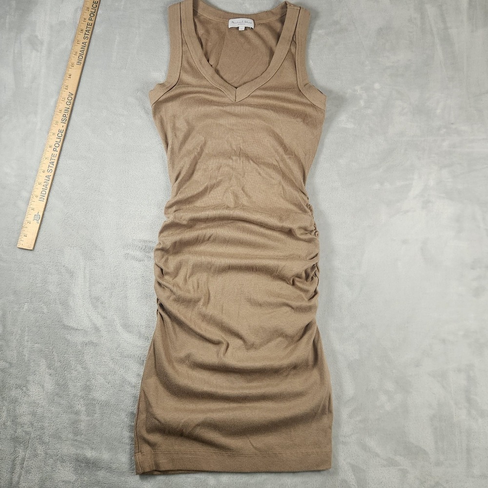 Michael Stars Taupe Ribbed Ruched Side Slit Midi Dress Small Minimalist